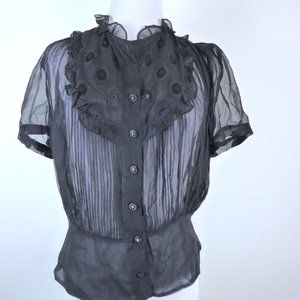 Milly of New York black sheer silk short sleeve pleated peplum top 4